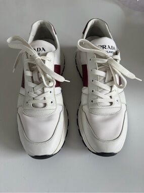 Prada White Sneakers with Burgundy Side Panels - Men's Lace-Up